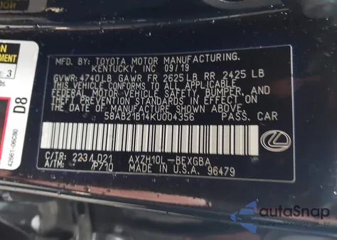 2019 Lexus Es 300H из США, поврежденный, VIN 58AB21B14KU004356